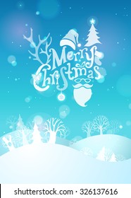 Merry Christmas background. Hand-written text, Santa sock, Santa hat, Santa beard and glasses, holly berry, fir, snowflakes, Christmas ball, bow, antlers of a deer, blue winter landscape.