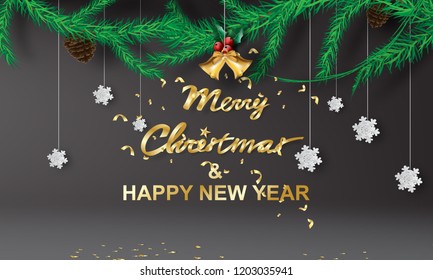 Merry Christmas background and Happy new year card concept,Black and gold color tone.Christmas party day with place for text space.Snow season is falling.Paper cut and craft style.vector,illustration