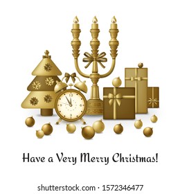 Merry Christmas background and Happy New Year golden balls, gift boxes and alarm clock. Gold colored fir and candelabrum. Greeting card and Xmas template. Five minutes to midnight. Vector illustration