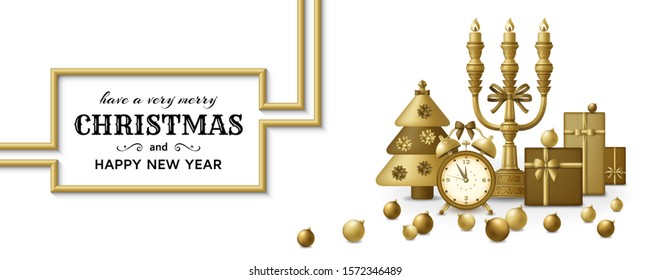Merry Christmas background and Happy New Year golden balls, gift boxes and alarm clock. Gold colored fir and candelabrum. Greeting card and Xmas template. Five minutes to midnight. Vector illustration