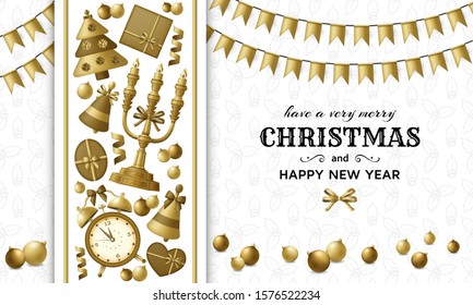 Merry Christmas background and Happy New Year golden balls, gift boxes and alarm clock. Gold colored fir and candelabrum. Greeting card and Xmas template. Five minutes to midnight. Vector illustration