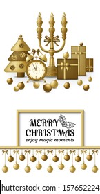 Merry Christmas background and Happy New Year golden balls, gift boxes and alarm clock. Gold colored fir and candelabrum. Greeting card and Xmas template. Five minutes to midnight. Vector illustration