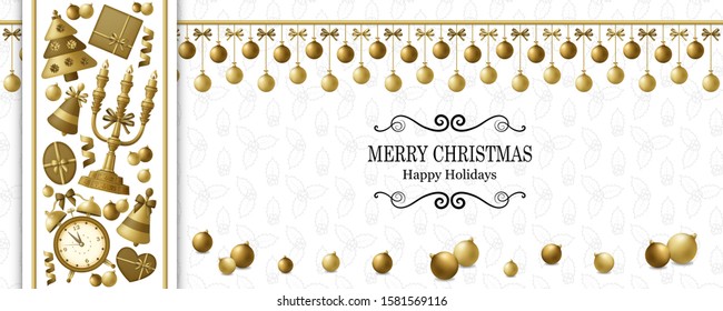 Merry Christmas background and Happy New Year golden balls, gift boxes and alarm clock. Gold colored fir and candelabrum. Greeting card and Xmas template. Five minutes to midnight. Vector illustration