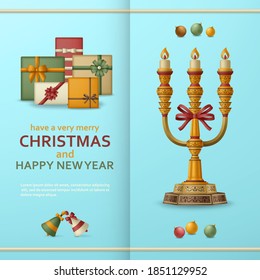 Merry Christmas background and Happy New Year with balls, gift boxes and candelabrum. Greeting card and Xmas template. Vector illustration.