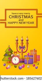 Merry Christmas background and Happy New Year golden balls, gift boxes and alarm clock. Fir and candelabrum. Greeting card and Xmas template. Five minutes to midnight. Vector illustration.