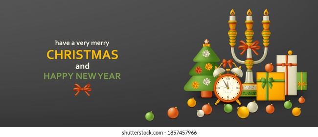 Merry Christmas background and Happy New Year golden balls, gift boxes and alarm clock. Fir and candelabrum. Greeting card and Xmas template. Five minutes to midnight. Vector illustration.