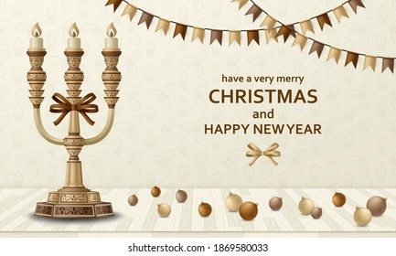 Merry Christmas background and Happy New Year golden balls, candelabrum and garlands. Greeting card and Xmas template. Five minutes to midnight. Vector illustration.