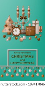 Merry Christmas background and Happy New Year golden balls, gift boxes and alarm clock. Fir and candelabrum. Greeting card and Xmas template. Five minutes to midnight. Vector illustration.