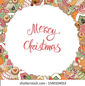 Merry Christmas background. Holiday frame with christmas traditional sweets. Hand drawn gingerbread icon, candy cane, cookies, gingerbread house. Design text, logo, lettering. Banner, invitation.