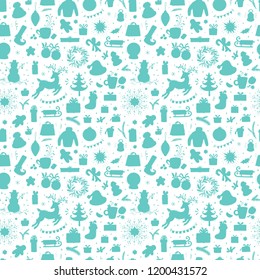Merry Christmas Background. Holiday Vector Seamless Pattern. Christmas characters and decorations Silhouettes. Xmas ornament. Winter Holidays. New year Wallpaper