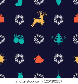 Merry Christmas Background. Holiday Vector Seamless Pattern. Christmas Symbols Silhouettes. Winter Holidays. New year Wallpaper