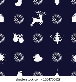 Merry Christmas Background. Holiday Vector Seamless Pattern. Christmas Symbols Silhouettes. Winter Holidays. New year Wallpaper