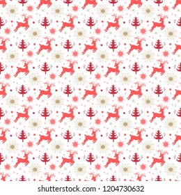 Merry Christmas Background. Holiday Vector Seamless Pattern. Christmas reindeer, Xmas Tree, Snowflakes, Stars Silhouettes. Winter Holidays. New year Wallpaper