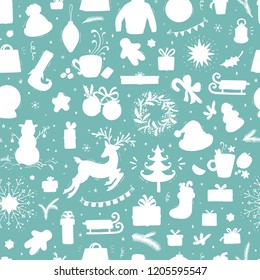Merry Christmas Background. Holiday Vector Seamless Pattern. Christmas characters and decorations Silhouettes. Xmas ornament. Winter Holidays. New year Wallpaper