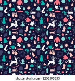 Merry Christmas Background. Holiday Vector Seamless Pattern. Christmas characters and decorations Silhouettes. Xmas ornament. Winter Holidays. New year Wallpaper