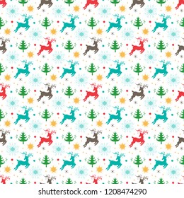 Merry Christmas Background. Holiday Vector Seamless Pattern. Christmas reindeer, Xmas Tree, Snowflakes, Stars Silhouettes. Winter Holidays. New year Wallpaper