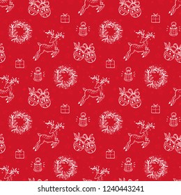 Merry Christmas Background. Holiday Vector Seamless Pattern. Hand Drawn Doodle Christmas reindeer, jingle bells, Xmas Wreath, Gift Boxes. Winter Holidays. New year Wallpaper