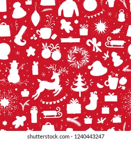 Merry Christmas Background. Holiday Vector Seamless Pattern. Christmas characters and decorations Silhouettes. Xmas ornament. Winter Holidays. New year Wallpaper