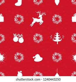 Merry Christmas Background. Holiday Vector Seamless Pattern. Christmas Symbols Silhouettes. Winter Holidays. New year Wallpaper
