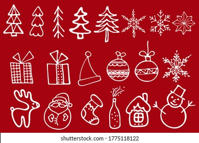 Merry Christmas Background. Holiday Vector Set of Hand Drawn Doodle Christmas characters and decorations. Xmas greeting Card Template. Happy Winter Holidays poster. Deer, Santa, snowflakes, gifts 