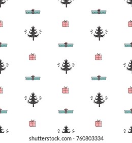 Merry Christmas Background. Holiday Vector Seamless Pattern. Hand Drawn Doodle Christmas Tree and Xmas Gift Boxes. Winter Holidays. New year Wallpaper