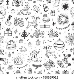 Merry Christmas Background. Holiday Vector Seamless Pattern. Hand Drawn Doodle Christmas characters and decorations. Xmas ornament. Winter Holidays. New year Wallpaper