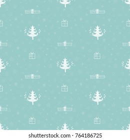 Merry Christmas Background. Holiday Vector Seamless Pattern. Hand Drawn Doodle Christmas Tree and Xmas Gift Boxes. Winter Holidays. New year Wallpaper