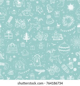 Merry Christmas Background. Holiday Vector Seamless Pattern. Hand Drawn Doodle Christmas characters and decorations. Xmas ornament. Winter Holidays. New year Wallpaper