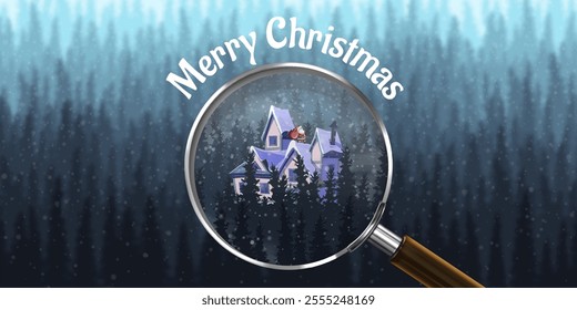 Merry Christmas background. House in the forest with Santa on the roof. Vector illustration.