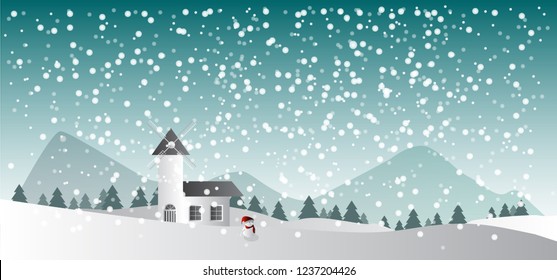 Merry Christmas , background House in the snow forest , snowman , sky Blue Shade . vector  illustrator.