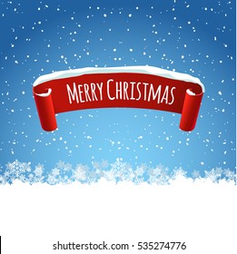 Merry Christmas background illustration with red realistic ribbon label and snow. Vector illustration winter tag for holidays decoration.