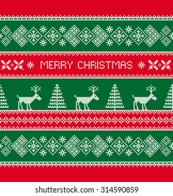 Merry Christmas. Christmas background. Knitted sweater with deers. Vector seamless pattern.