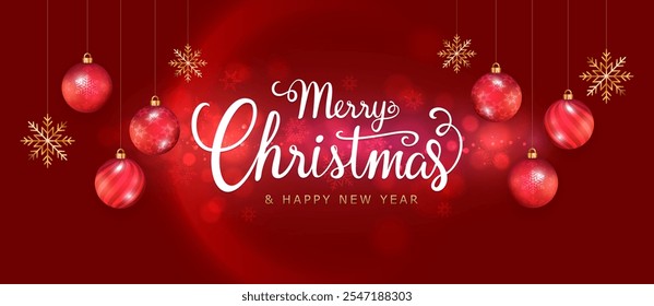 Merry Christmas background. Lettering Merry Christmas and Happy New Year, Christmas balls. Christmas element for web, banners, greeting card, template design. Vector EPS10.