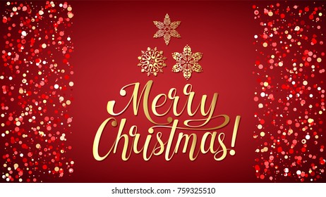 Merry Christmas background with lettering and snowflakes, light, stars. Gold gradient text on red ground. For greeting and congratulation cards, banner. Vector Illustration.