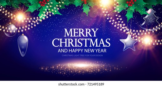 Merry Christmas Background with Light Garlands, Glass Toys and Holly Berry on Blue Background. Vector illustration