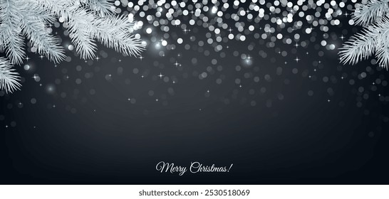 Merry Christmas background with lights, sparkle and spruce branch.  Happy New Year banner. Winter holiday decoration. Vector invitation card template.