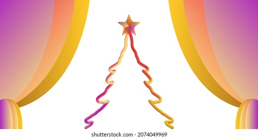 Merry christmas background with line tree and star in curtain frame, new celebration simple design.