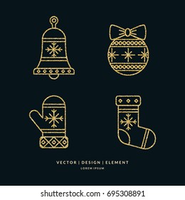 Merry Christmas background in linear minimalistic style. Gold glitter Holiday poster