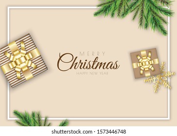 Merry Christmas background minimal decorative design with xmas realistic gift box and pine branches. Holiday bright beige winter background banner, poster, greeting cards, website