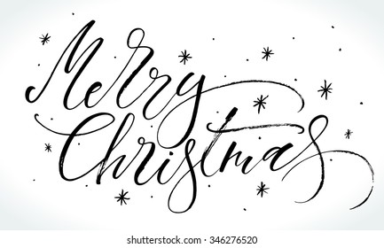 Merry Christmas background with modern calligraphy and hand drawn design elements. Handwritten letters, vector illustration.