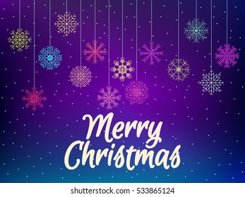 Merry Christmas. Background with multi-colored snowflakes. Hanging Snowflakes. Vector illustration.