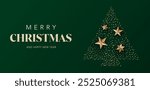 Merry Christmas background. New Year template with shinny gold stars and confetti with green background. Vector illustration for xmas, holiday, greeting card, website, brochure, flyer,  social media.