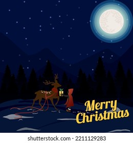 Merry Christmas Background and New Year best night Christmas fall moon Vector winter holiday Xmas tree with decorations, Santa Claus and Reindeer with gifts