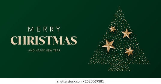 Merry Christmas background. New Year template with shinny gold stars and confetti with green background. Vector illustration for xmas, holiday, greeting card, website, brochure, flyer,  social media.