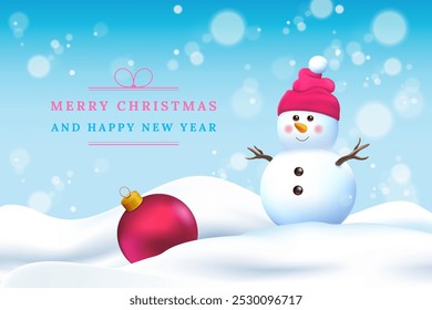 Merry Christmas background. New Year 2025 card. 3D cute snowman. Winter snow. Ball toy in snowdrifts. Snowflake ornament. Happy celebration. Realistic decoration. Vector Xmas holiday banner design