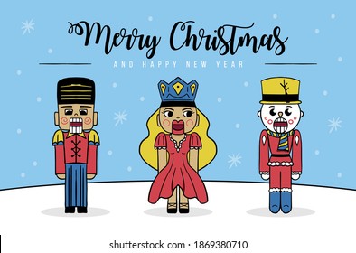 Merry Christmas background with Nutcracker set and snowflakes