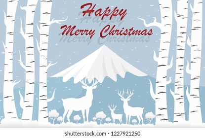 Merry Christmas background  on Fuji mountain in Japan with winter landscape with snowflakes, light, stars. Merry Christmas card. Vector Illustration