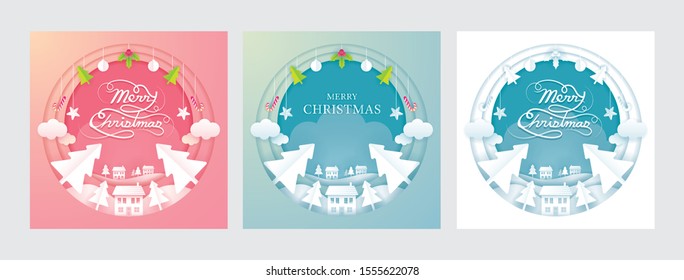 Merry Christmas Background Paper Cutting Style , Origami, Pink, Blue and White Color
