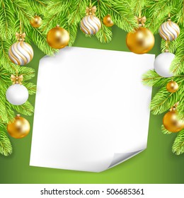 Merry Christmas background with paper, gold, white balls and fir-tree. Vector illustration.