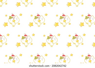 Merry Christmas background pattern. Cute cat wearing Santa hat and holing bright star. Pattern for Christmas celebration, decoration, greeting card, print, wrapping paper. Flat vector illustration.